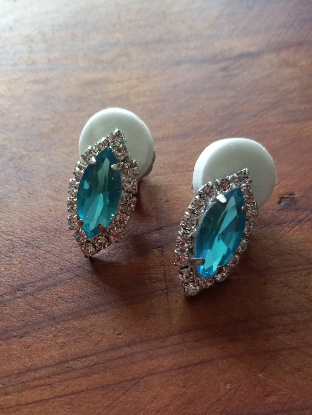 Aqua Blue Marquise Rhinestone Halo Clip-On Earrings Silver-Tone